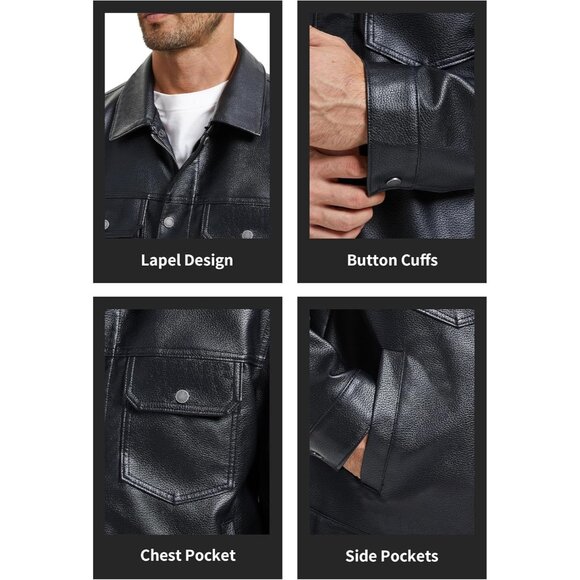 Men Black Faux Leather Biker Jacket Lightweight Vintage Bomber Zip Up Coat - Picture 6 of 8